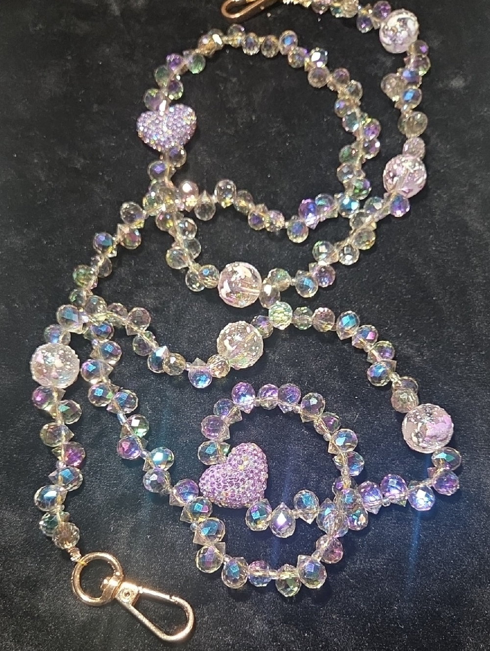 48 Inch Iridescent Crystal Heart Lanyard Necklace - Purple